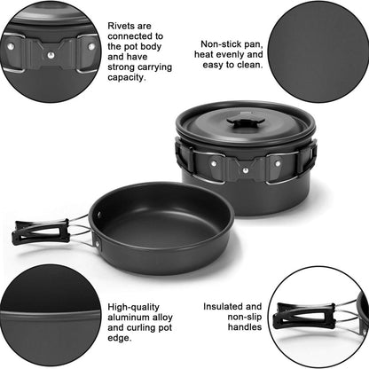 Eotvia 9pcs Camping Cookware Set, Aluminum Camping Cookware Kit with Non-stick Pan Pot, Folding Camping Cooking Set with Spoons Bowls Loofah Storage Bag for Camping Backpacking Outdoor Cooking Picnic