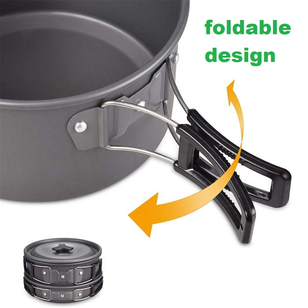 Eotvia 9pcs Camping Cookware Set, Aluminum Camping Cookware Kit with Non-stick Pan Pot, Folding Camping Cooking Set with Spoons Bowls Loofah Storage Bag for Camping Backpacking Outdoor Cooking Picnic
