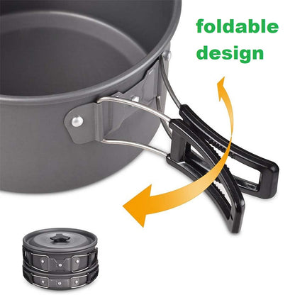 Eotvia 9pcs Camping Cookware Set, Aluminum Camping Cookware Kit with Non-stick Pan Pot, Folding Camping Cooking Set with Spoons Bowls Loofah Storage Bag for Camping Backpacking Outdoor Cooking Picnic