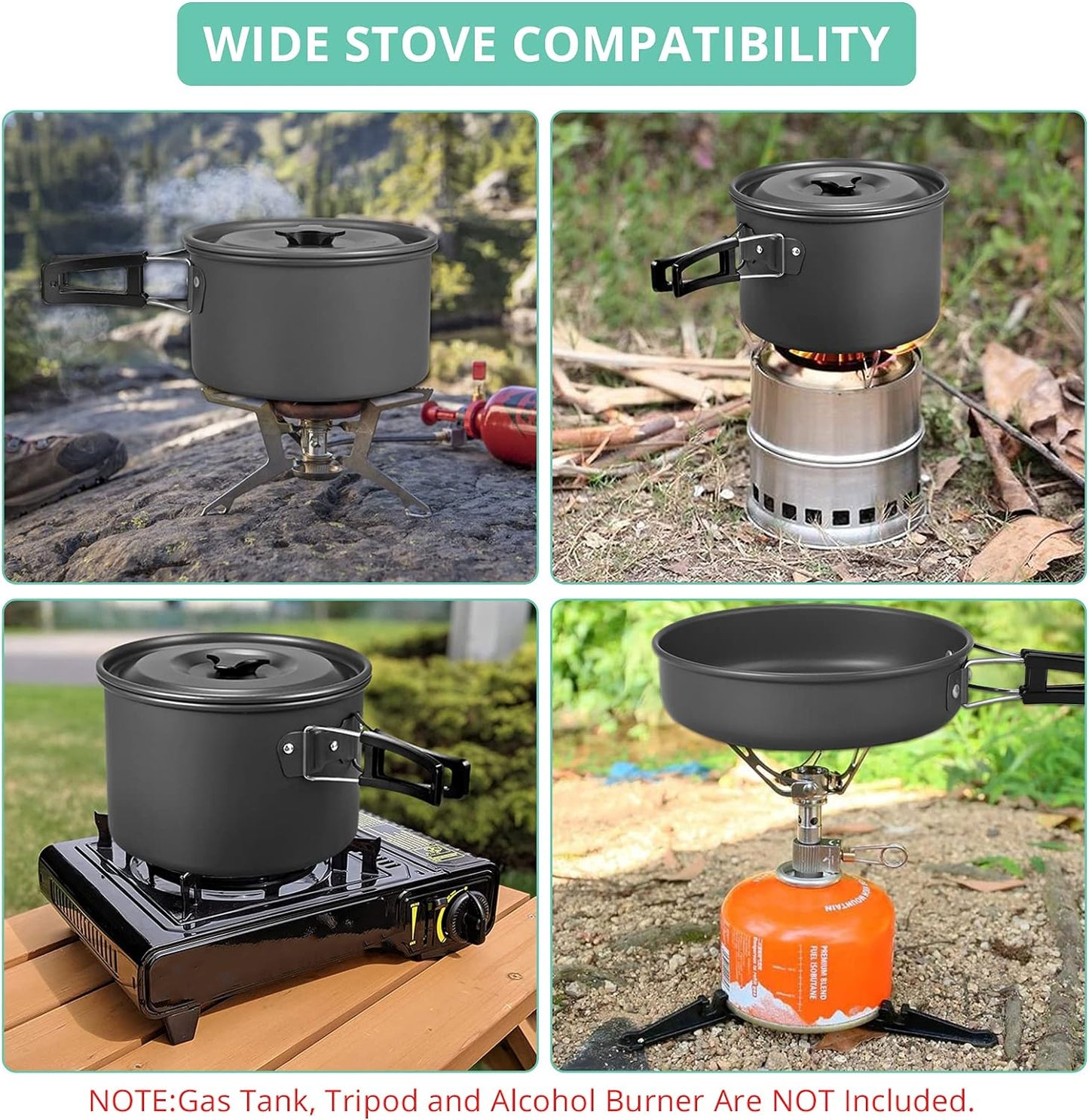 Eotvia 9pcs Camping Cookware Set, Aluminum Camping Cookware Kit with Non-stick Pan Pot, Folding Camping Cooking Set with Spoons Bowls Loofah Storage Bag for Camping Backpacking Outdoor Cooking Picnic
