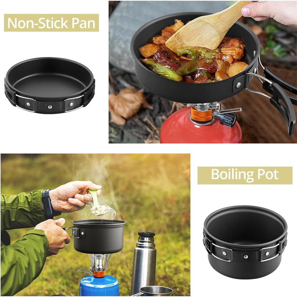Eotvia 9pcs Camping Cookware Set, Aluminum Camping Cookware Kit with Non-stick Pan Pot, Folding Camping Cooking Set with Spoons Bowls Loofah Storage Bag for Camping Backpacking Outdoor Cooking Picnic