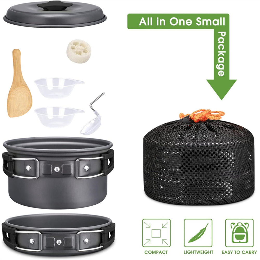 Eotvia 9pcs Camping Cookware Set, Aluminum Camping Cookware Kit with Non-stick Pan Pot, Folding Camping Cooking Set with Spoons Bowls Loofah Storage Bag for Camping Backpacking Outdoor Cooking Picnic