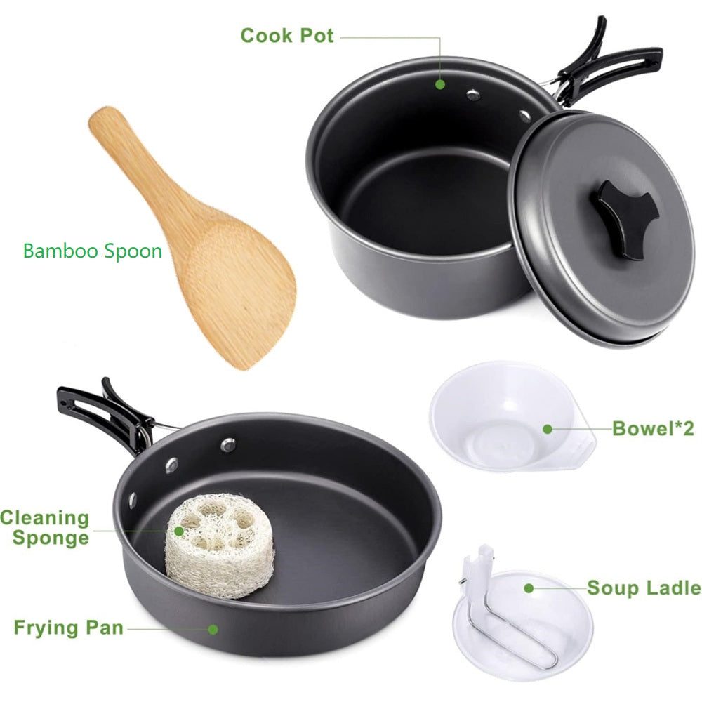 Eotvia 9pcs Camping Cookware Set, Aluminum Camping Cookware Kit with Non-stick Pan Pot, Folding Camping Cooking Set with Spoons Bowls Loofah Storage Bag for Camping Backpacking Outdoor Cooking Picnic