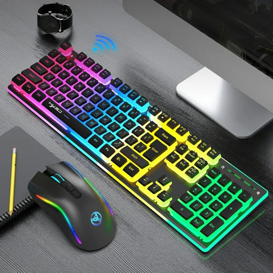 Wireless Keyboard and Mouse Combo, RGB Backlit Rechargeable Gaming Keyboard & Mouse, 104 Key Quiet Ergonomic Mechanical Feeling Keyboard, 4800DPI Mice, for PC/Windows/Laptop, Black