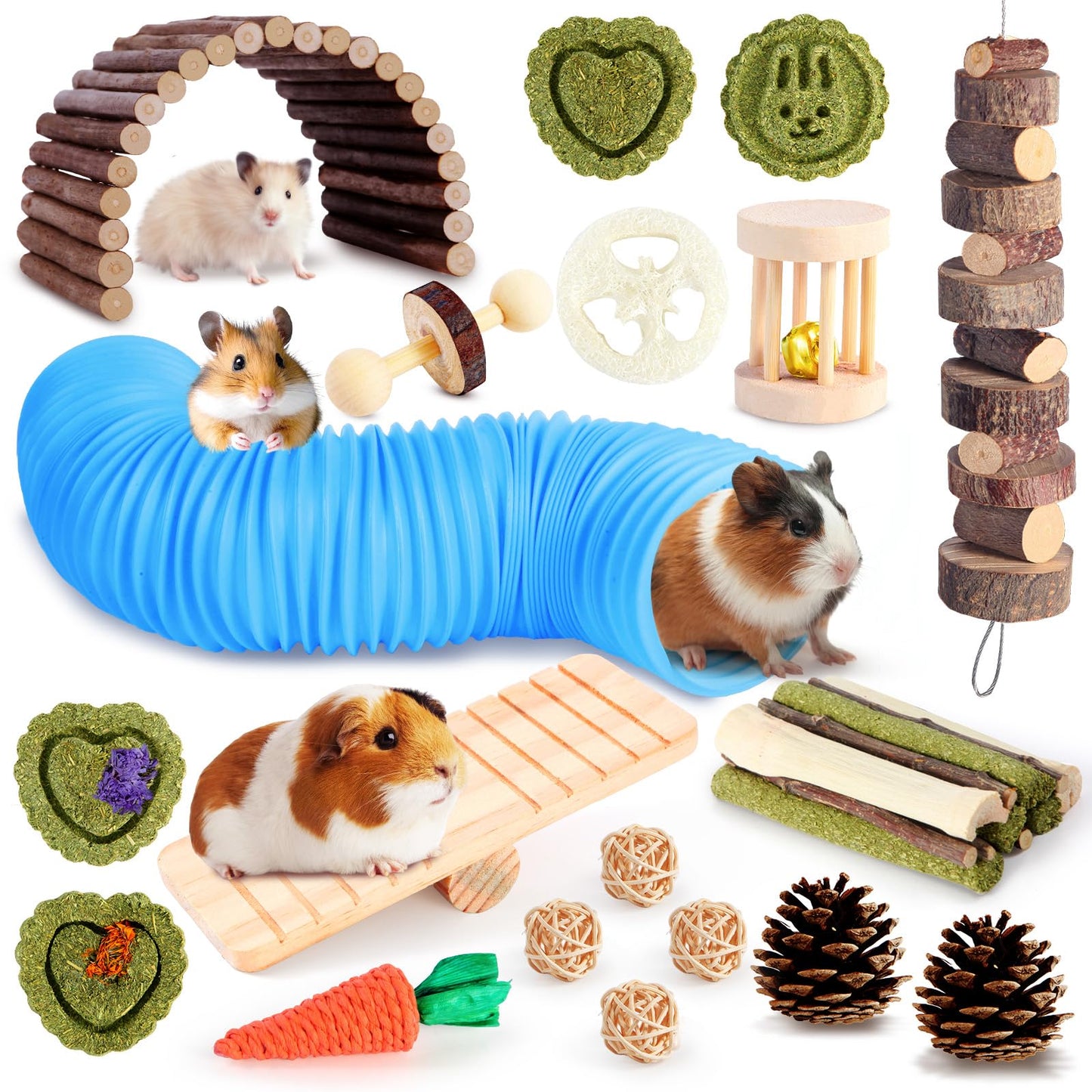 24 PCS Hamster Chew Toys, Natural Apple Wood Timothy Grass Bunny Toys, Small Animal Molar Teeth Care Toy Set, Cage Accessories for Hamsters, Guinea Pig, Rabbit, Chinchilla, Gerbil