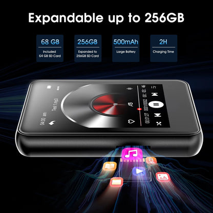 132GB MP3 Player with Bluetooth 5.0, 2.4 in Full Touch Screen Portable Digital Lossless Music Player with Speaker & Earphones, FM Radio, Voice Recorder, E-Book, Supports up to 256GB SD Card
