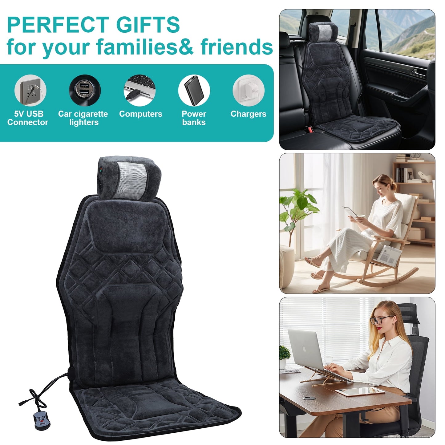 Auwogo Seat Massage Cushion Back Massager with Neck Massager & Lumbar Airbag Deep Kneading 9 Vibration Mode Chair Massager for Home Office Car Travel