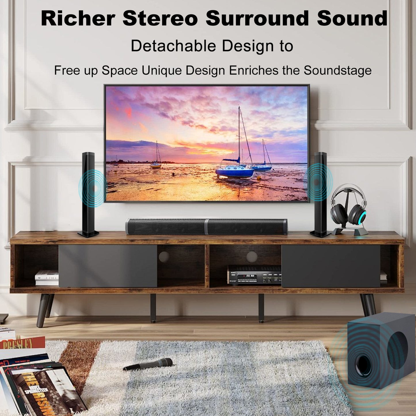 2 in 1 Separable Sound Bar for Smart TV with Subwoofer, Bluetooth 5.0 Surround Sound System for TV, 80W 37 Inch Soundbar for Home Theater, ARC/Optical/USB & Remote TV Speakers, 6 EQ Modes