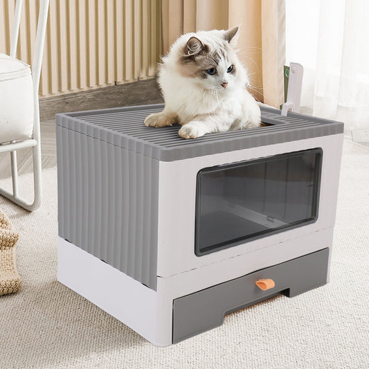 Enclosed Cat Litter Box Large with Lid Cover&Litter Scoop Foldable Cat Toilet Cat Self-Grooming Side Panel w/ Easy Cleaning Tray
