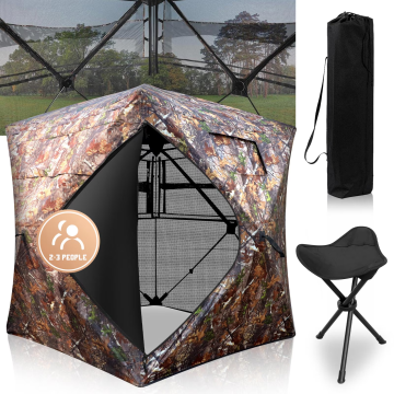 2-3 Person 270° See-Through Pop-Up Hunting Blind, Portable Ground Tent with One-Way See-Through Mesh, Folding Stool & Carrying Bag for Deer and Turkey Hunting