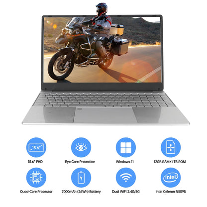 15.6 inch Laptops, Windows 11 Student Laptop Computer with 12GB DDR4 1TB SSD, 2.9GHz Quad Core Intel N5095, WiFi, Bluetooth, Fingerprint, Backlit Keyboard, 1920*1080 FHD IPS Screen, Silver