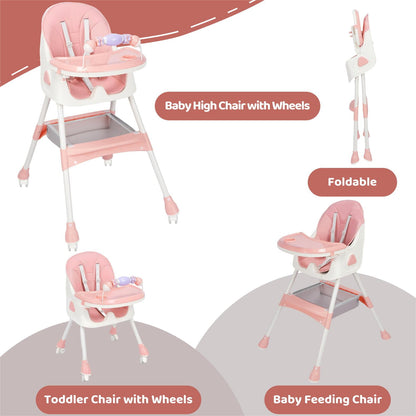 4-in-1 Baby High Chair, Convertible High Chair for Babies and Toddlers, Portable Folding Dining Chairs Eat & Play with Five-Point Harness, Double-Layer Dinner Plate, Toy Rack, Spoon, Fork, Bowl, Pink