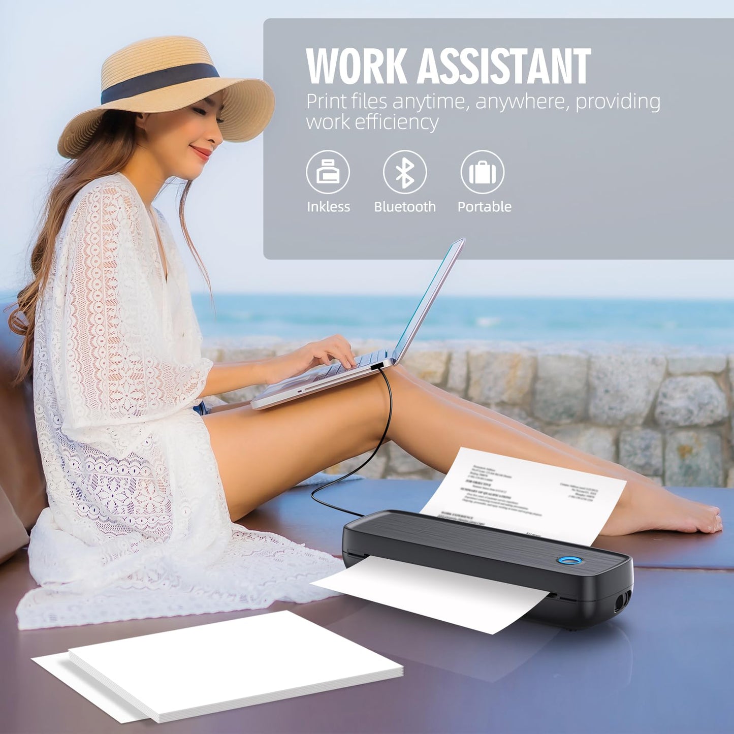 Portable Printers Wireless for Travel, Bluetooth Thermal Printer Support 8.5" X 11" US Letter, Inkless Printer for A4 Thermal Paper, Compatible with Android iOS & Laptop for Office Car Home, Black