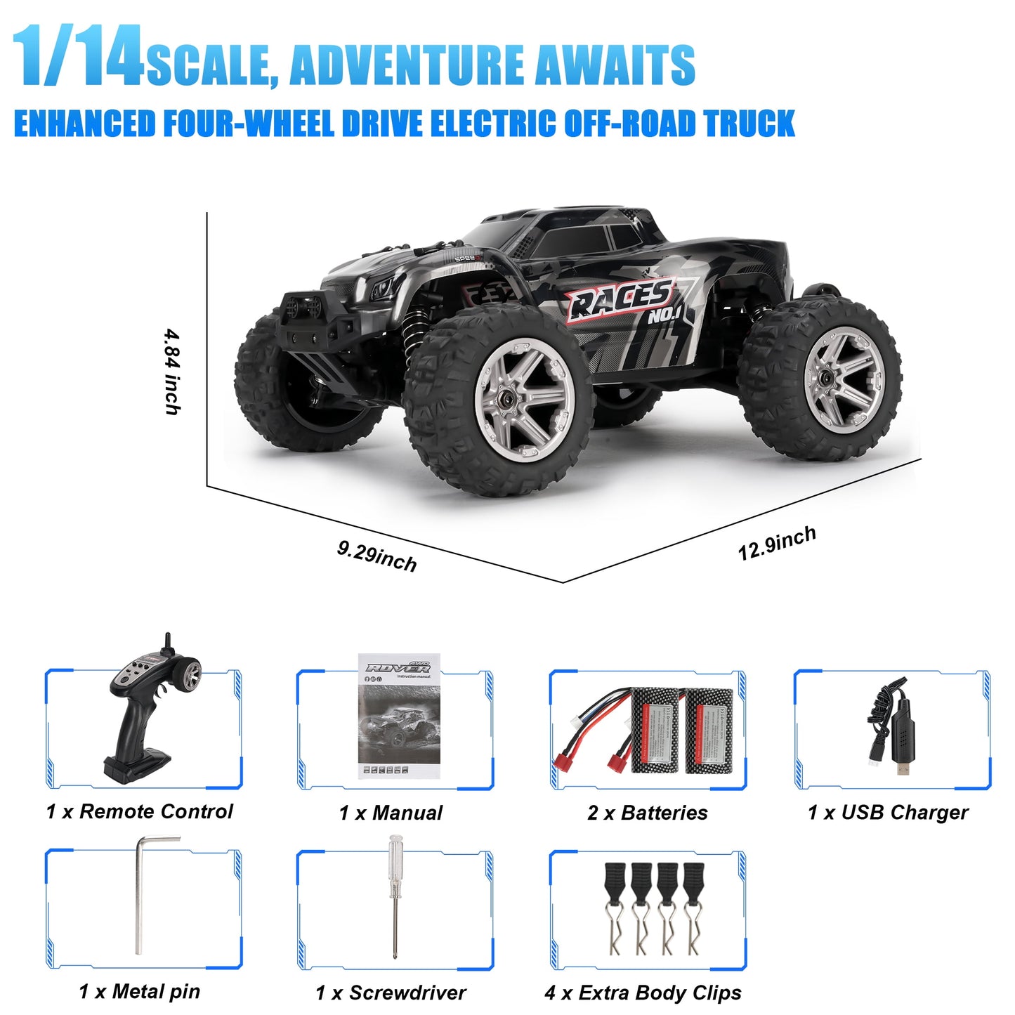 FAGINEY 1:14 RC Cars Truck 4WD Fast 45+ MPH Waterproof All-Terrain Off-Road Remote Control Car for Adults Boys, 2 Batteries