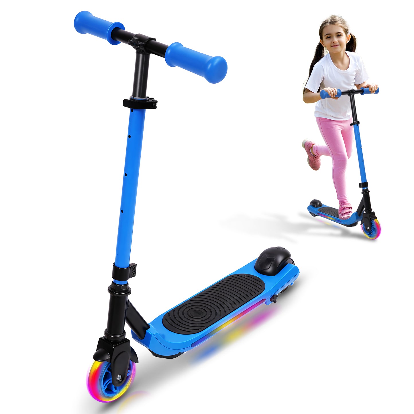 Electric Scooter for Kids Ages 6-12, Blue Powered E Scooter with Colorful LED Lights, Foldable Electric Scooter with 3 Adjustable Height, Anti-Slip Handlebar, 60W Motor,Max 5Mile & 3Mph,up to 132lbs