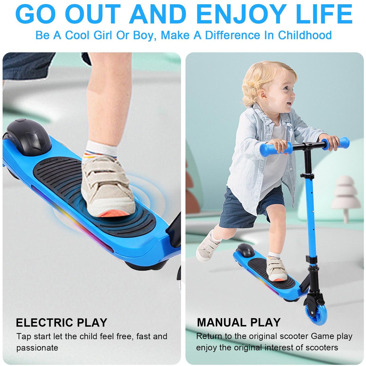 Electric Scooter for Kids Ages 6-12, Blue Powered E Scooter with Colorful LED Lights, Foldable Electric Scooter with 3 Adjustable Height, Anti-Slip Handlebar, 60W Motor,Max 5Mile & 3Mph,up to 132lbs