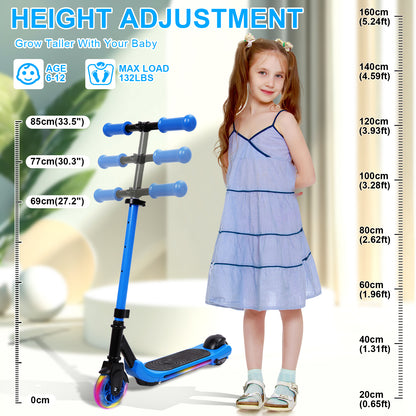 Electric Scooter for Kids Ages 6-12, Blue Powered E Scooter with Colorful LED Lights, Foldable Electric Scooter with 3 Adjustable Height, Anti-Slip Handlebar, 60W Motor,Max 5Mile & 3Mph,up to 132lbs