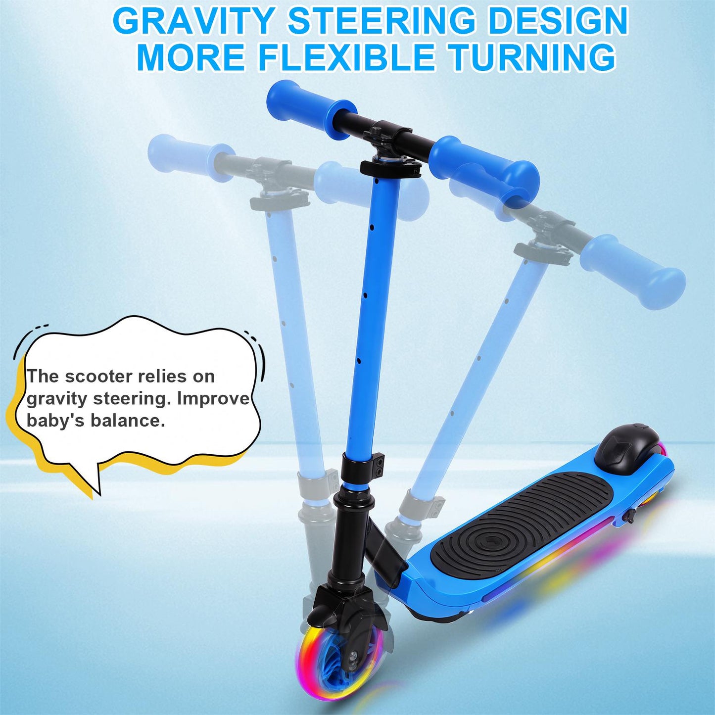 Electric Scooter for Kids Ages 6-12, Blue Powered E Scooter with Colorful LED Lights, Foldable Electric Scooter with 3 Adjustable Height, Anti-Slip Handlebar, 60W Motor,Max 5Mile & 3Mph,up to 132lbs