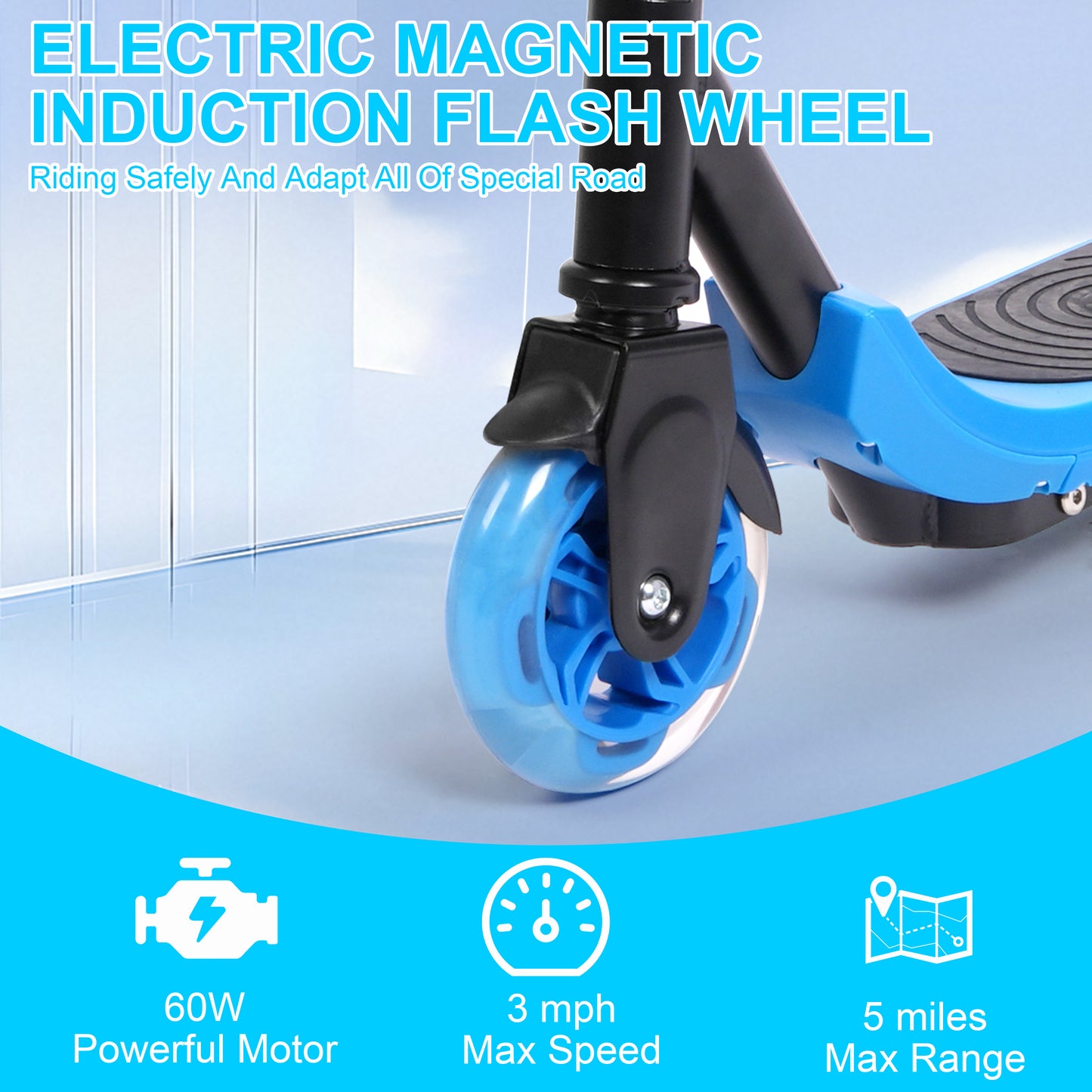 Electric Scooter for Kids Ages 6-12, Blue Powered E Scooter with Colorful LED Lights, Foldable Electric Scooter with 3 Adjustable Height, Anti-Slip Handlebar, 60W Motor,Max 5Mile & 3Mph,up to 132lbs