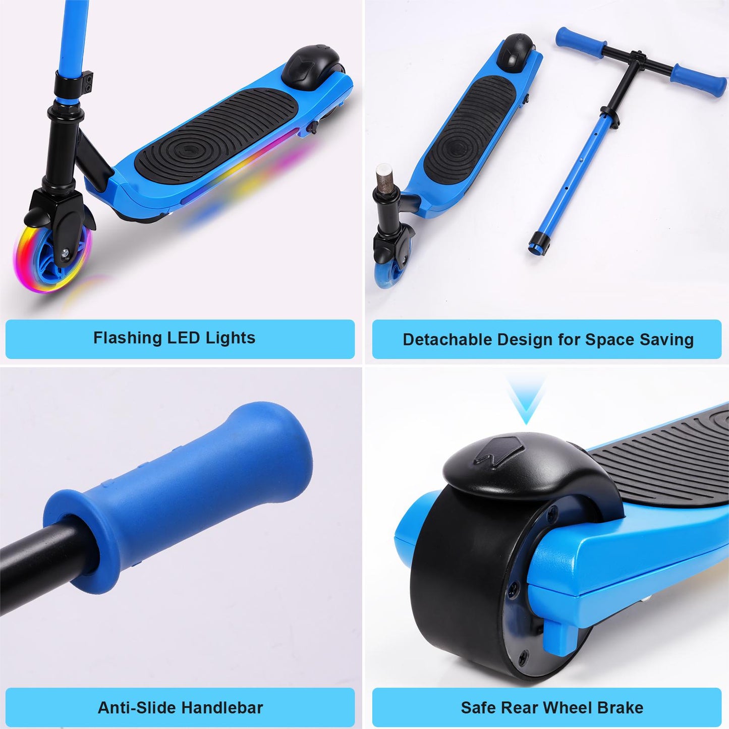 Electric Scooter for Kids Ages 6-12, Blue Powered E Scooter with Colorful LED Lights, Foldable Electric Scooter with 3 Adjustable Height, Anti-Slip Handlebar, 60W Motor,Max 5Mile & 3Mph,up to 132lbs