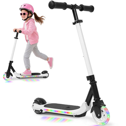 EOTVIA Electric Scooter for Kids Ages 6-12, White Powered E Scooter w/Colorful LED Lights, Foldable Electric Scooter w/3 Adjustable Height, Anti-Slip Handlebar,60W Motor,Max 5Mile & 3Mph,up to 132lbs