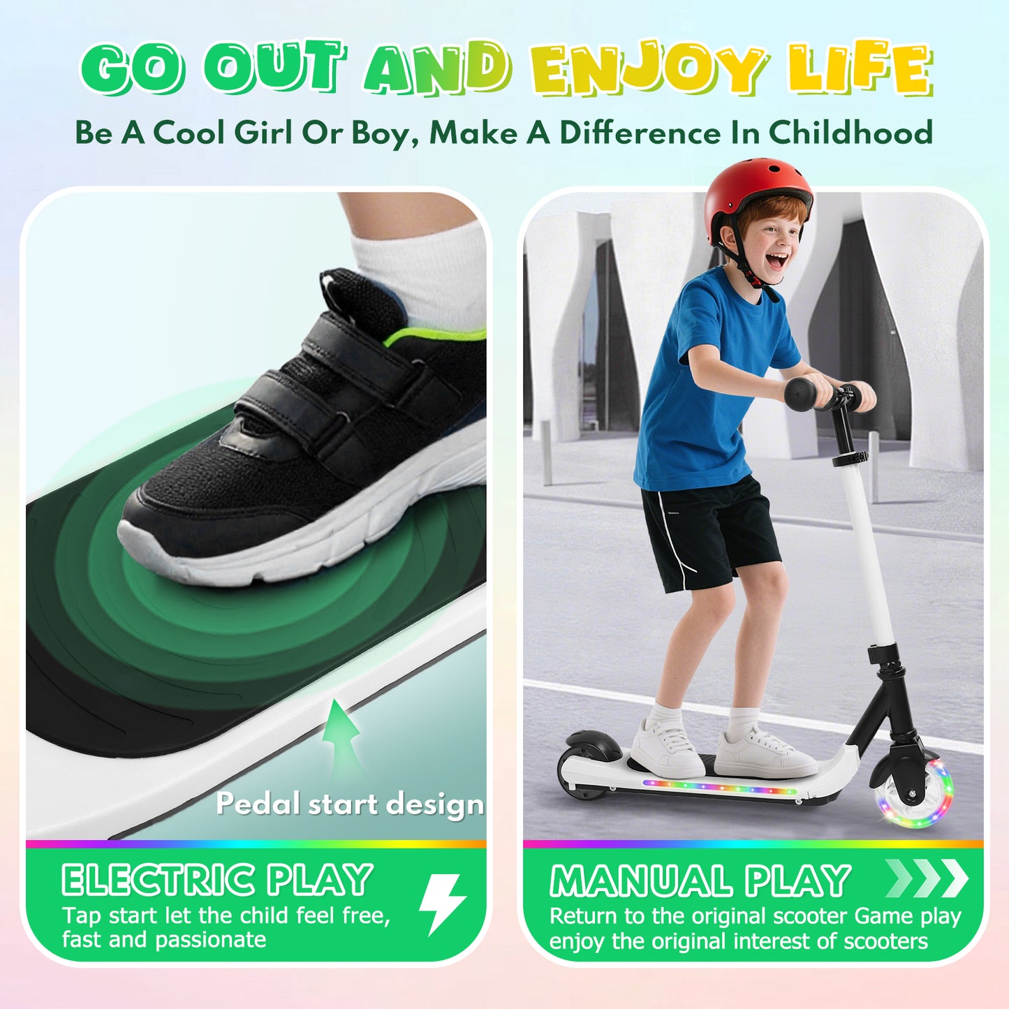 EOTVIA Electric Scooter for Kids Ages 6-12, White Powered E Scooter w/Colorful LED Lights, Foldable Electric Scooter w/3 Adjustable Height, Anti-Slip Handlebar,60W Motor,Max 5Mile & 3Mph,up to 132lbs