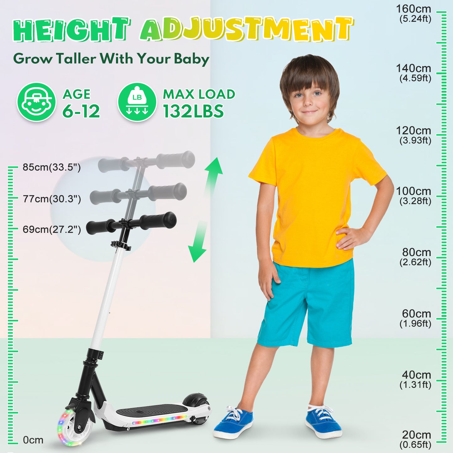 EOTVIA Electric Scooter for Kids Ages 6-12, White Powered E Scooter w/Colorful LED Lights, Foldable Electric Scooter w/3 Adjustable Height, Anti-Slip Handlebar,60W Motor,Max 5Mile & 3Mph,up to 132lbs