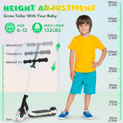 EOTVIA Electric Scooter for Kids Ages 6-12, White Powered E Scooter w/Colorful LED Lights, Foldable Electric Scooter w/3 Adjustable Height, Anti-Slip Handlebar,60W Motor,Max 5Mile & 3Mph,up to 132lbs