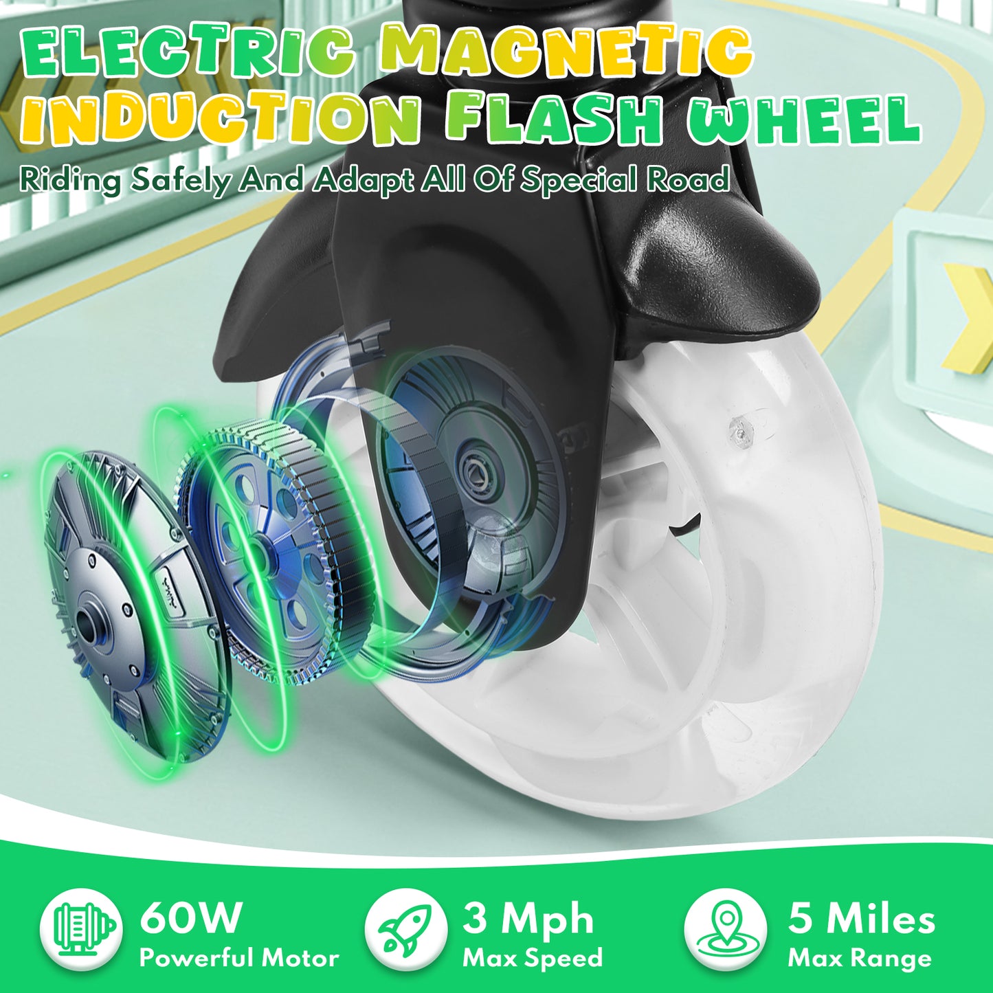 EOTVIA Electric Scooter for Kids Ages 6-12, White Powered E Scooter w/Colorful LED Lights, Foldable Electric Scooter w/3 Adjustable Height, Anti-Slip Handlebar,60W Motor,Max 5Mile & 3Mph,up to 132lbs