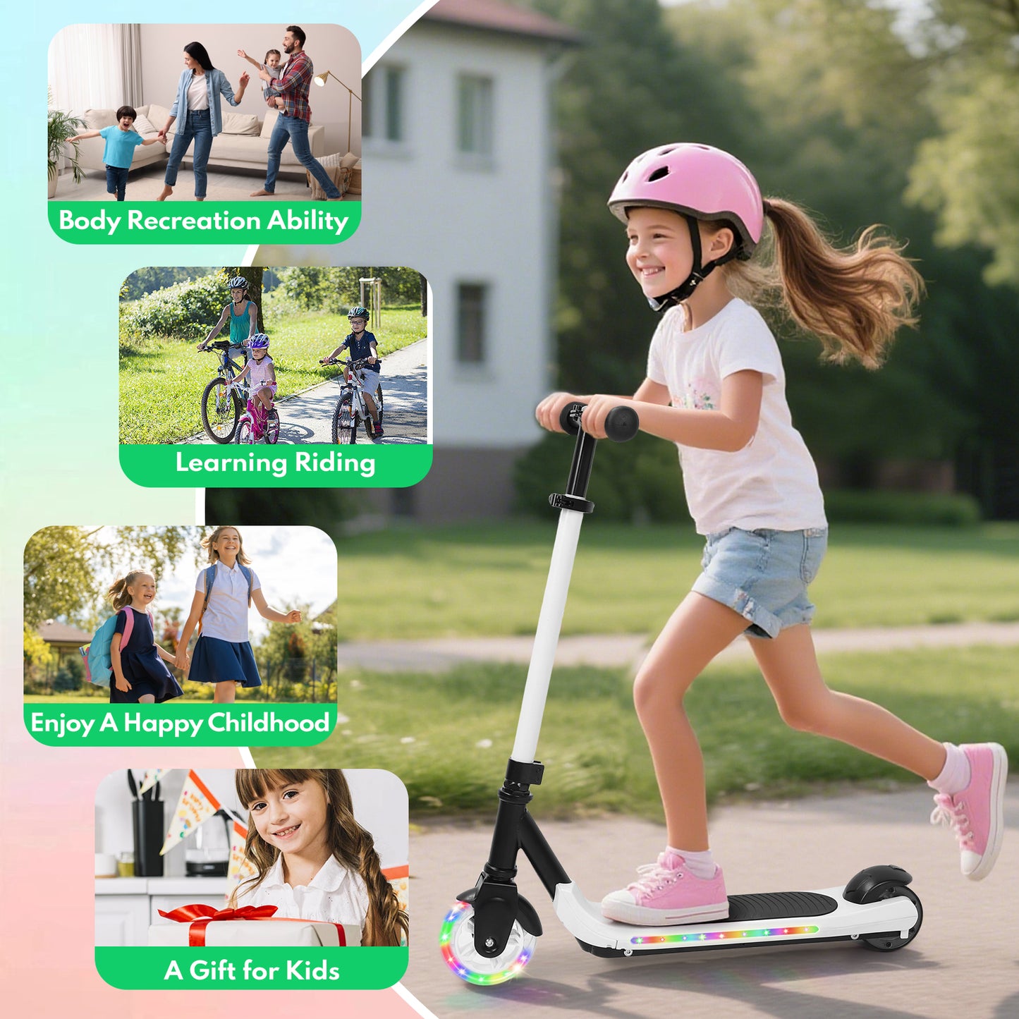 EOTVIA Electric Scooter for Kids Ages 6-12, White Powered E Scooter w/Colorful LED Lights, Foldable Electric Scooter w/3 Adjustable Height, Anti-Slip Handlebar,60W Motor,Max 5Mile & 3Mph,up to 132lbs