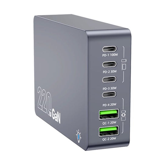 220W Fast USB C Charger, 6 Port QC4.0 Charging Station Hub GaN Charger Block, 65W USB C Laptop Charger Adapter, 100W PD Fast Desktop Charger, Compatible with iPhone, Samsung, Laptop, Gray