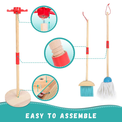 Wooden Kids Cleaning Set, Pretend Play Kit Toddler Role Play Toys Kids Broom and Mop Set for Girls Boys Age 3+, Christmas Birthday Gift for Girls Boys