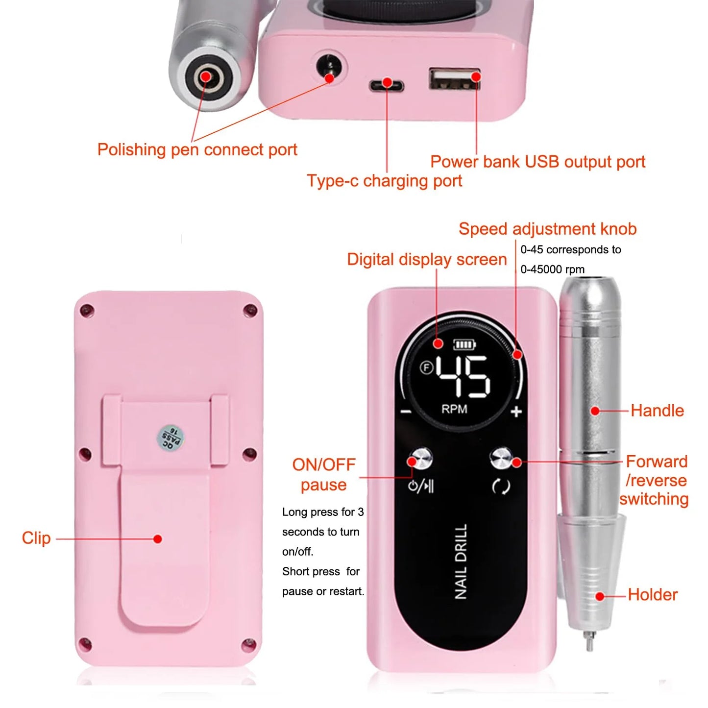 Electric Nail Drill, Cordless Portable Electric Nail File Set with 6 Bits, 45000RPM Professional Rechargeable Forward & Reverse Nail Drill Kit with Display, for Acrylic Nails/DIY Manicure & Pedicure