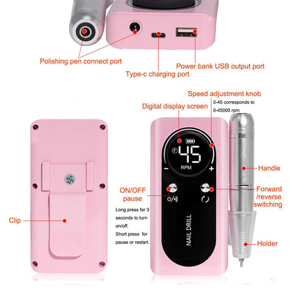 Electric Nail Drill, Cordless Portable Electric Nail File Set with 6 Bits, 45000RPM Professional Rechargeable Forward & Reverse Nail Drill Kit with Display, for Acrylic Nails/DIY Manicure & Pedicure