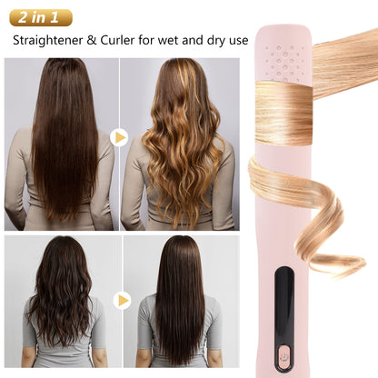 Flat Iron Hair Straightener and Curler 2 in 1, Fast Heating PTC Straightening Curling Iron with 4 Adjustable Temp and Automatic Shut Off