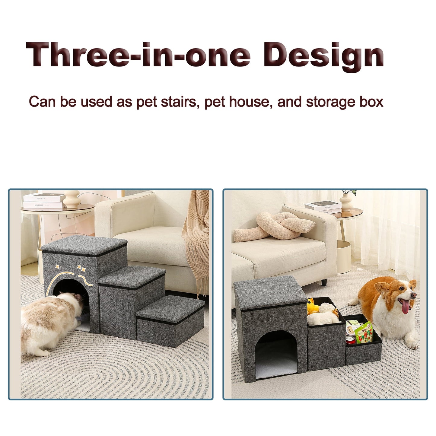 Dog Stairs Foldable 3-Step Dog Step with Storage and Pet House Non-Slip Dog Ramp for Small Dogs, Cats or Pets Joints, Up to 165lbs