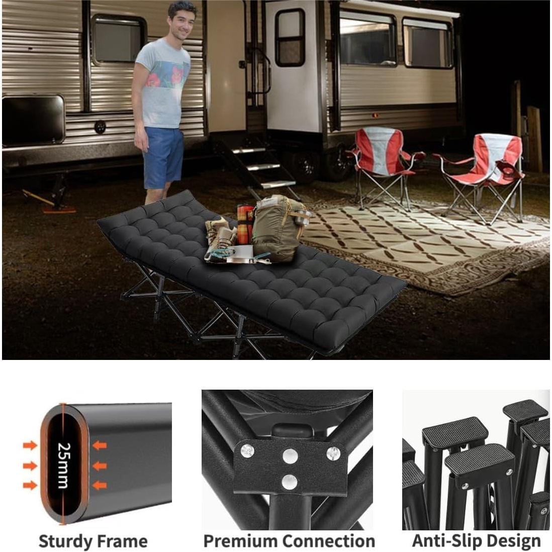 Folding Camping Cots for Adults, Portable Outdoor Camping Bed with Mattress, Heavy Duty Guest Bed Sleeping Cot Folding Bed for Camping Traveling Office Use, 74" x 26", Black, Supports 330 lbs