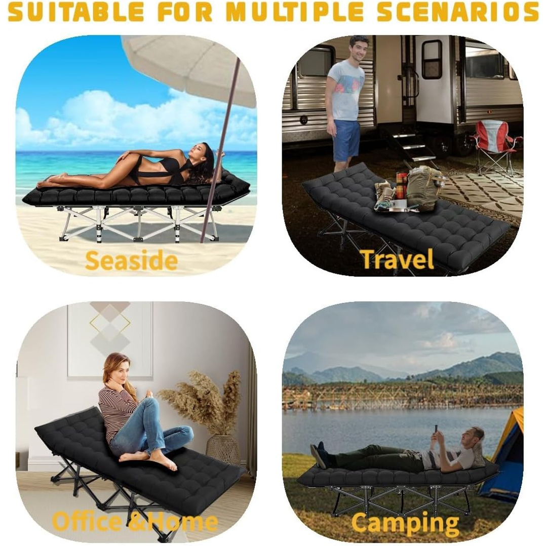 Folding Camping Cots for Adults, Portable Outdoor Camping Bed with Mattress, Heavy Duty Guest Bed Sleeping Cot Folding Bed for Camping Traveling Office Use, 74" x 26", Black, Supports 330 lbs