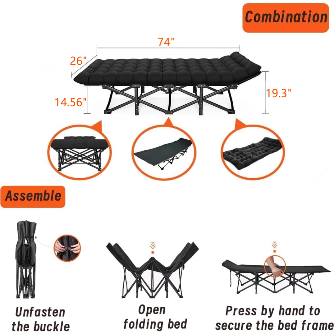 Folding Camping Cots for Adults, Portable Outdoor Camping Bed with Mattress, Heavy Duty Guest Bed Sleeping Cot Folding Bed for Camping Traveling Office Use, 74" x 26", Black, Supports 330 lbs