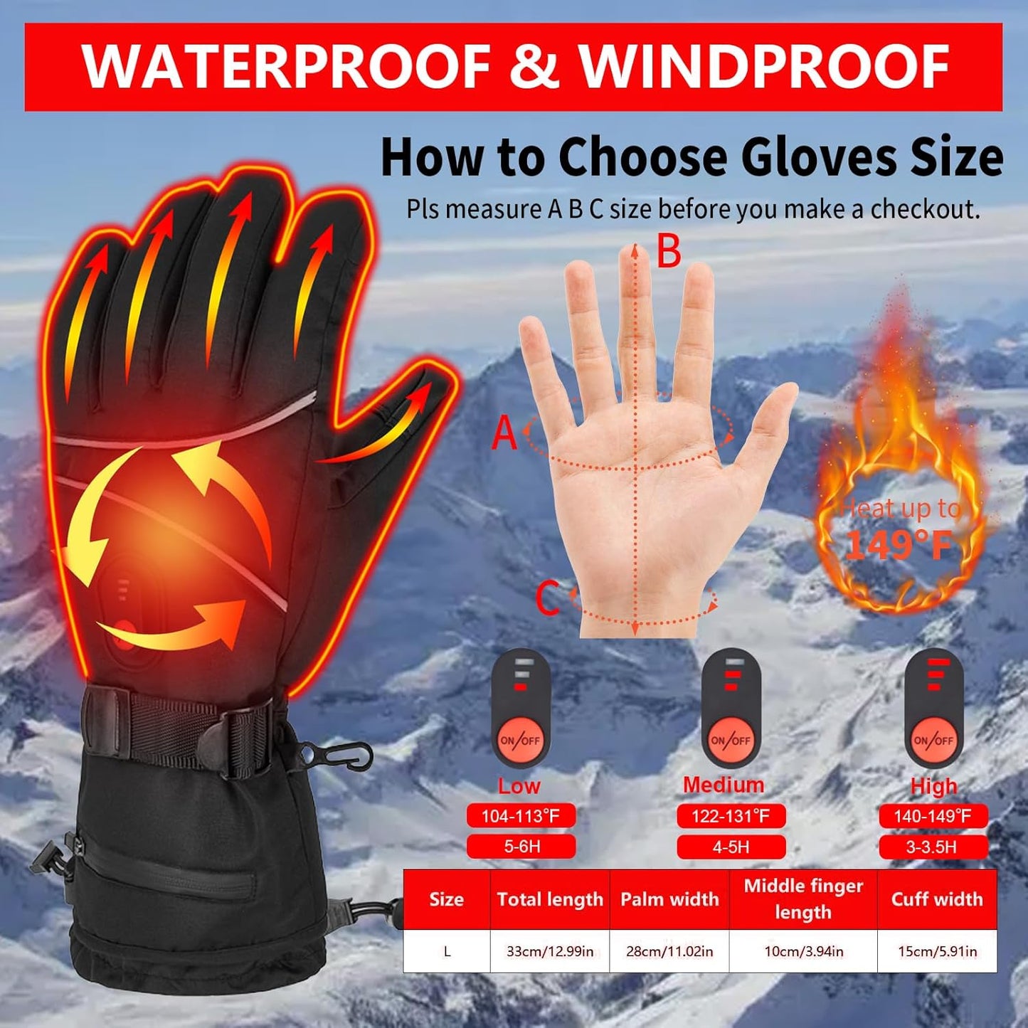 Heated Skiing Gloves Touchscreen Heated Gloves Unisex Rechargeable Battery Powered Electric Heating Glove For Winter Outdoor Snowboarding Hiking