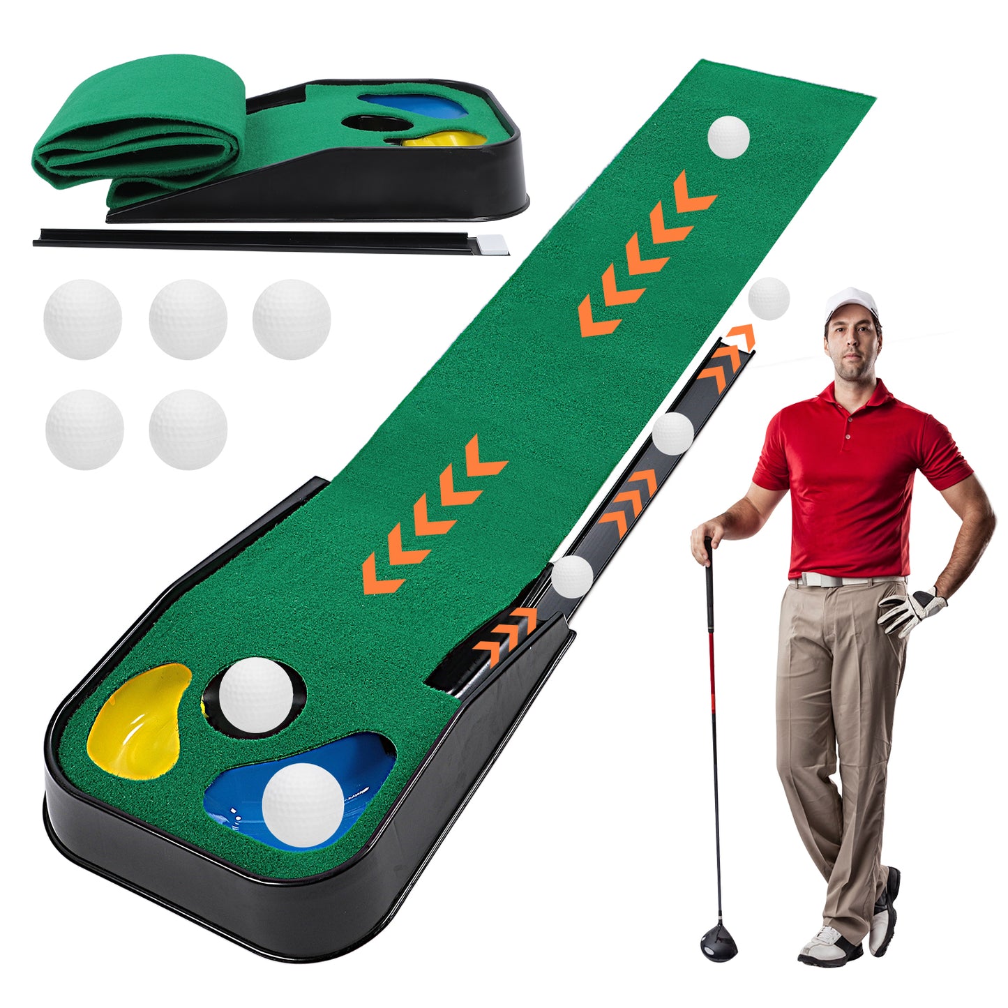 Eotvia Golf Putting Green, 79in Indoor Golf Putting Mat with Auto Ball Return, Golf Putting Set with 1 Telescopic Putter+5 Golf Balls, Mini Golf Game for Home Office Backyard Party, Golf Gifts for Men