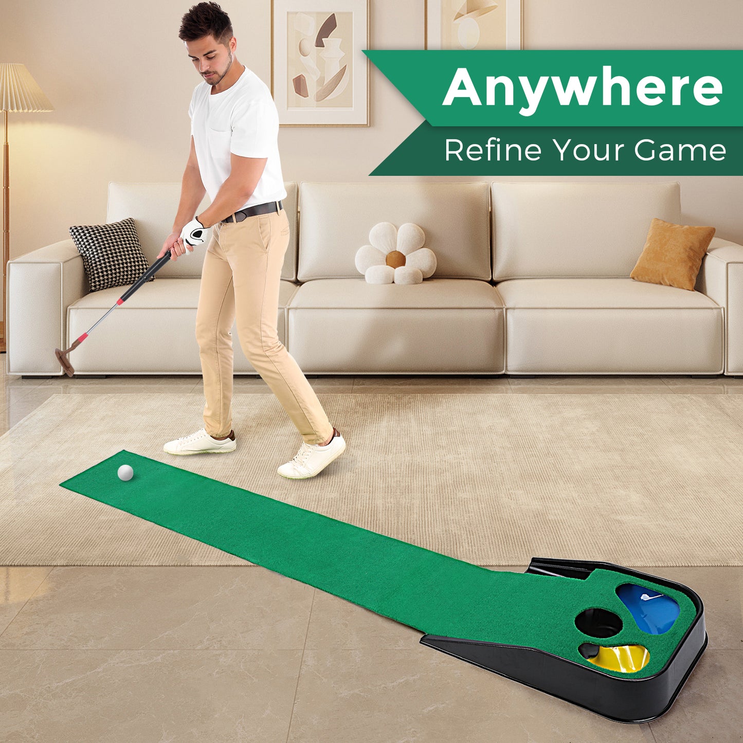 Eotvia Golf Putting Green, 79in Indoor Golf Putting Mat with Auto Ball Return, Golf Putting Set with 1 Telescopic Putter+5 Golf Balls, Mini Golf Game for Home Office Backyard Party, Golf Gifts for Men