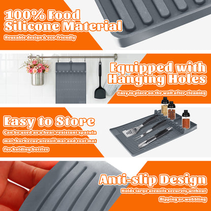 2Pack 3 in 1 Grill Side Shelf Mat, Food Grade Silicone Grill Side Shelf Mat for Blackstone, Collapsible Spatula Mat, Large Utensil Rest for Multiple BBQ Grilling Tools, Reusable 11.4"x15.7", Gray
