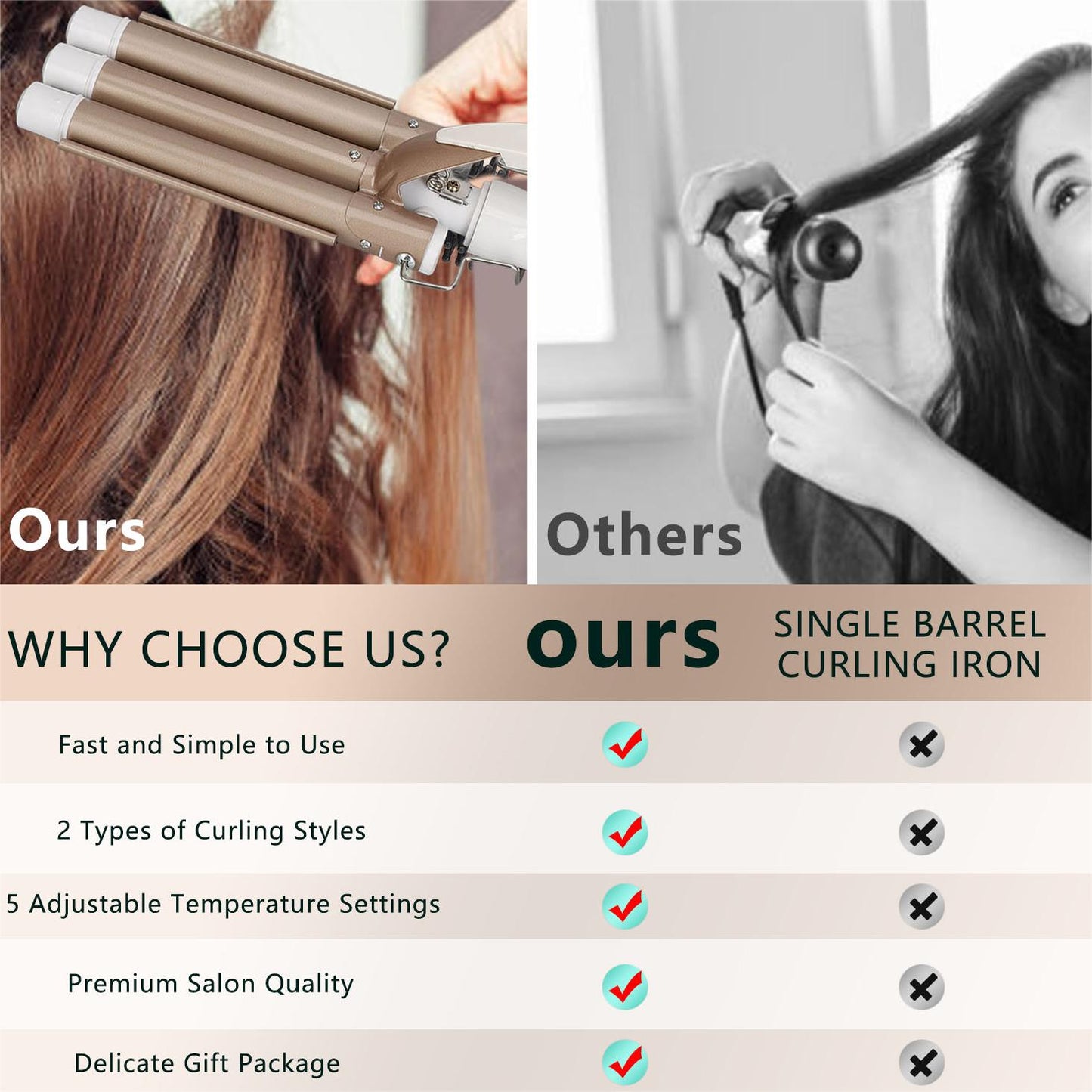 Hair Curler Wand, Gold Hair Curling Iron Anti Slip Safe Adjustable Temperature 360 Rotating Cord For Hair Salon