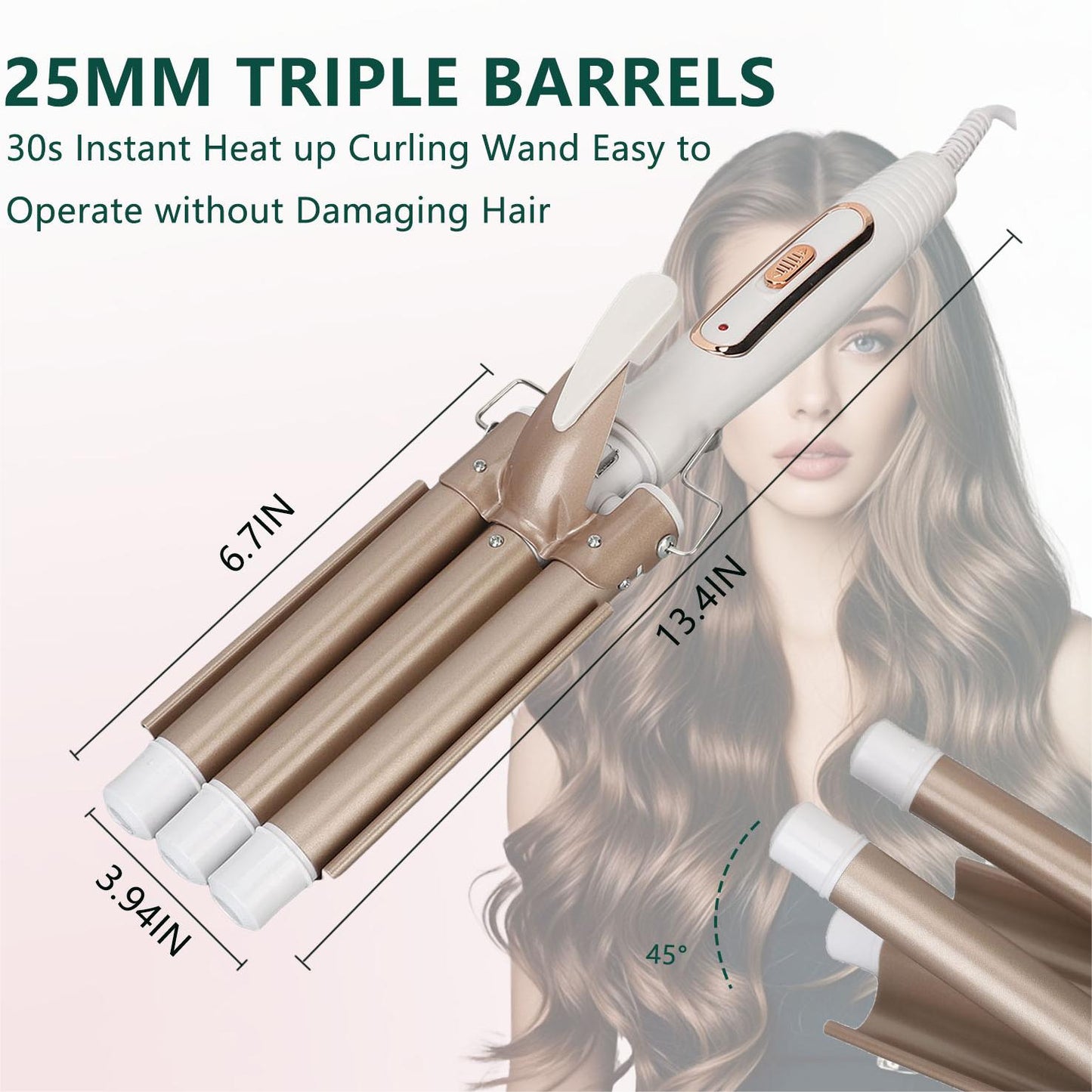 Hair Curler Wand, Gold Hair Curling Iron Anti Slip Safe Adjustable Temperature 360 Rotating Cord For Hair Salon