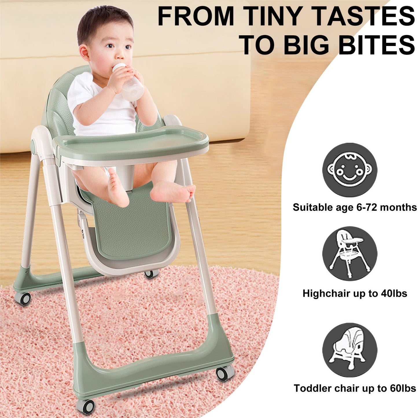 4-in-1 Baby High Chair, Convertible High Chair for Babies and Toddlers, Portable Dining Chairs with Five-Point Harness, Foldable High Chair with Adjustable Seat, Adjustable Tray, Universal Wheels