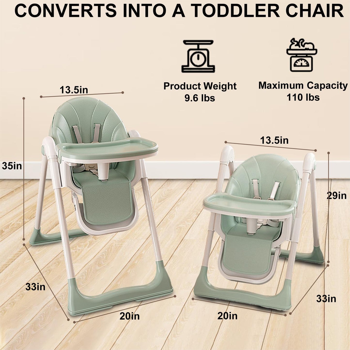 4-in-1 Baby High Chair, Convertible High Chair for Babies and Toddlers, Portable Dining Chairs with Five-Point Harness, Foldable High Chair with Adjustable Seat, Adjustable Tray, Universal Wheels