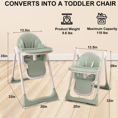 4-in-1 Baby High Chair, Convertible High Chair for Babies and Toddlers, Portable Dining Chairs with Five-Point Harness, Foldable High Chair with Adjustable Seat, Adjustable Tray, Universal Wheels