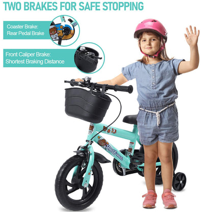 Kids Bike with Training Wheels, 12 Inch Bike with Basket, Kids Bicycle with Adjustable Seat/Handlebar, Children Bike with Handbrake/Bell/Pedals, Bicycle for Kids Boys Girls 1-5, up to 165lbs
