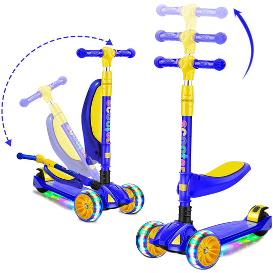 Eotvia 3 Wheel Scooter for Kids, Folding Kids Scooter with Seat, Blue Toddler Scooter with Adjustable Handlebar, Ride on Toys with Music Streamer LED Lights Rear Brake for Boys Girls Ages 3-5